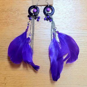 ~Boho Purple Feathered and Beaded drop earrings~ New!